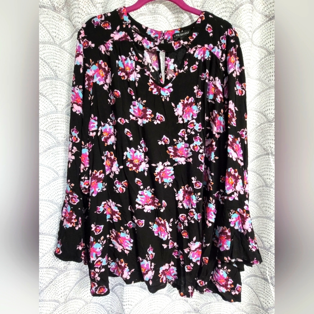 Lane Bryant Floral Long Bell Sleeve Blouse with Pockets Size 24